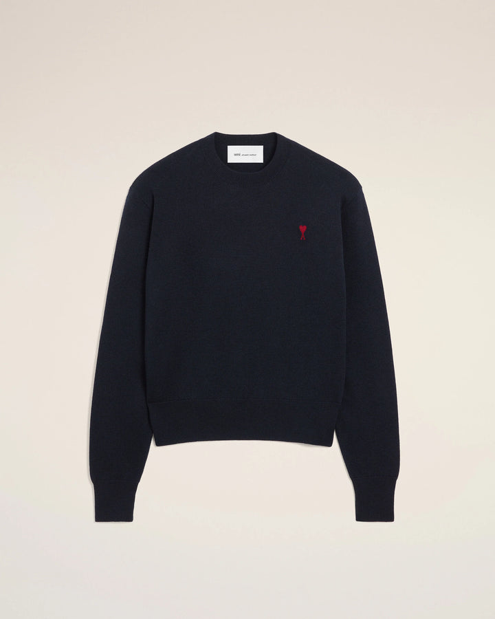 Ami Paris Blue Wool Crewneck Sweater With Contrasted Ami De Coeur