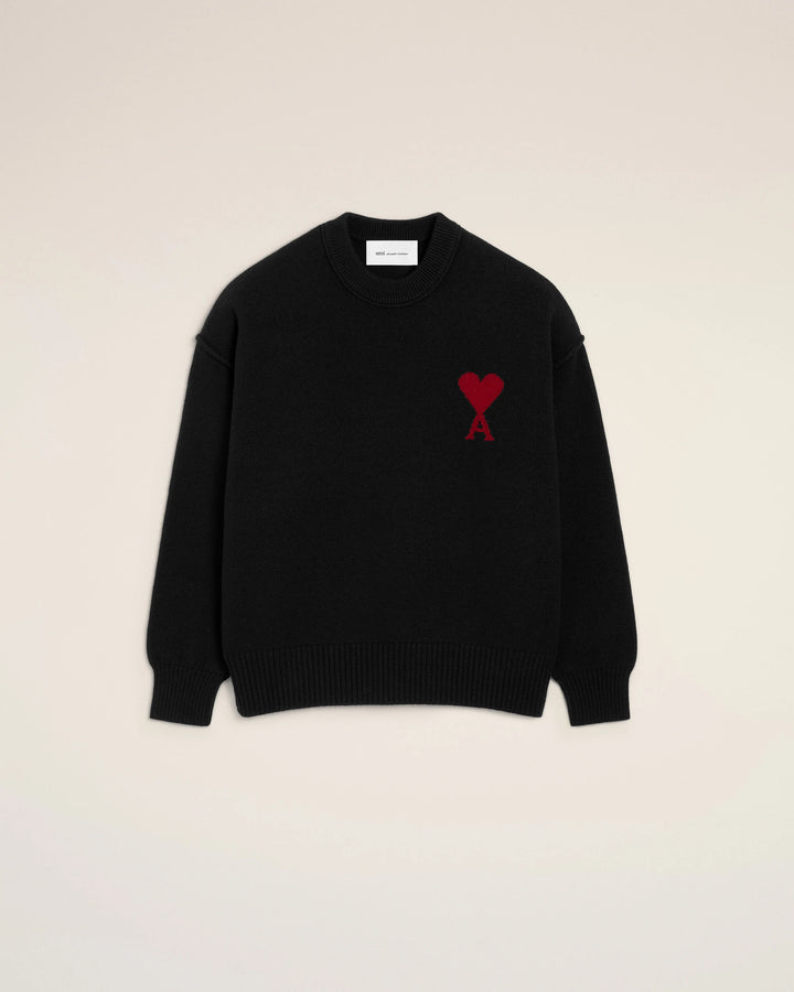Ami Paris Black Wool Crewneck Sweater With Contrasted Ami De Coeur